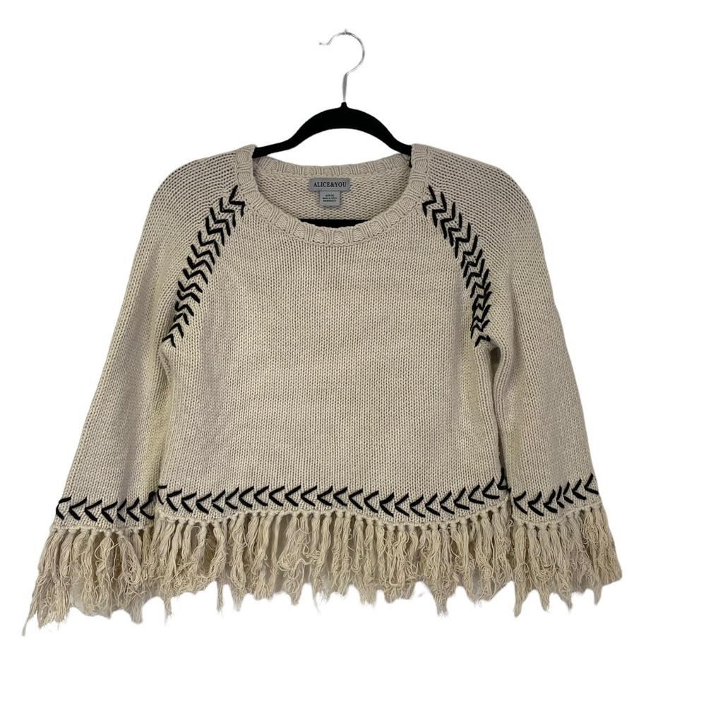 Alice & You Cream Black Tassel Fringe Boho Cropped Sweater XS